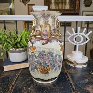 Antique Japanese Satsuma Style Vase 12.5" Moriage Gold Birds Crackle Glaze